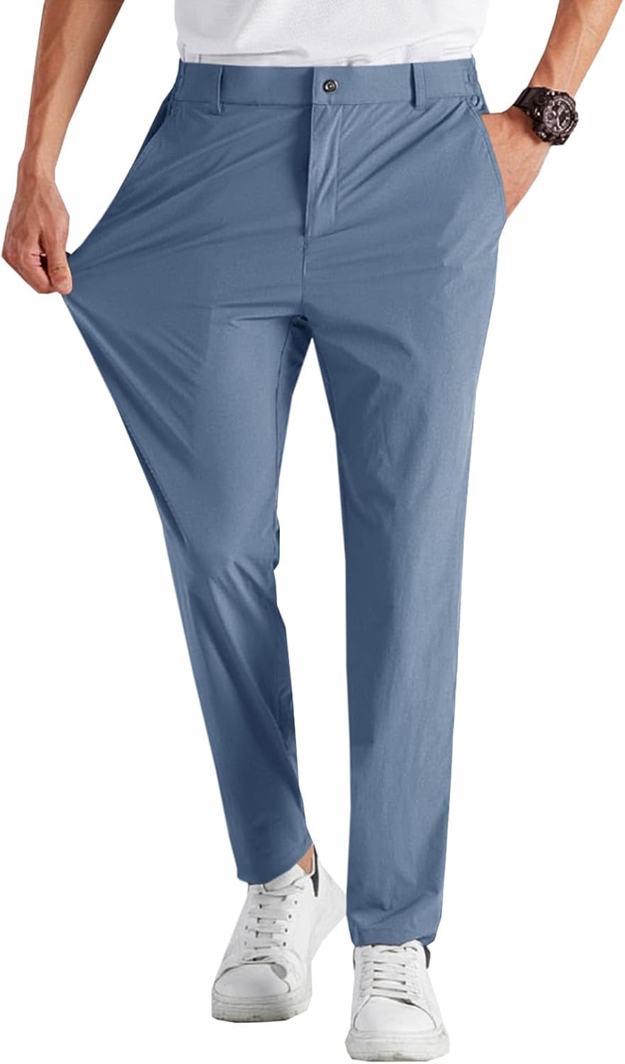 Mens Stretch Golf Pants Casual Slim Fit Dress Pants Elastic Waist Tapered Work Cropped Trousers