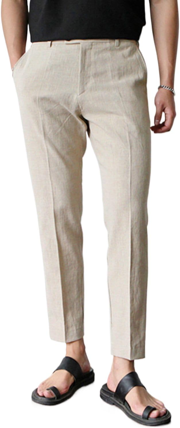 Linen Pants Men Slim Fit Elastic Waistband Lightweight Summer Beach Fashion Casual Pant