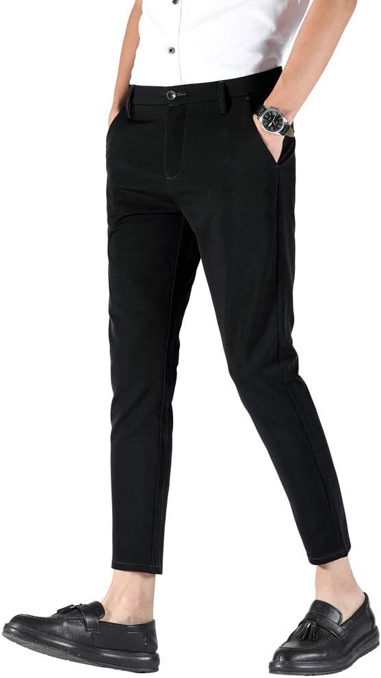 Plaid&Plain Men's Stretch Skinny Fit Casual Business Pants Ankle Dress Pants