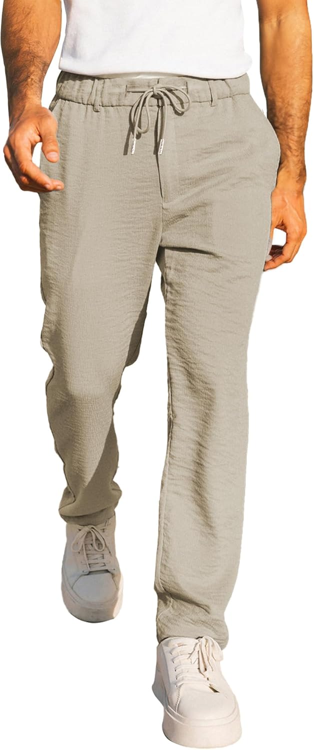 Men's Casual Drawstring Pants Elastic Waist Lightweight Pant Summer Beach Trouser with Pockets