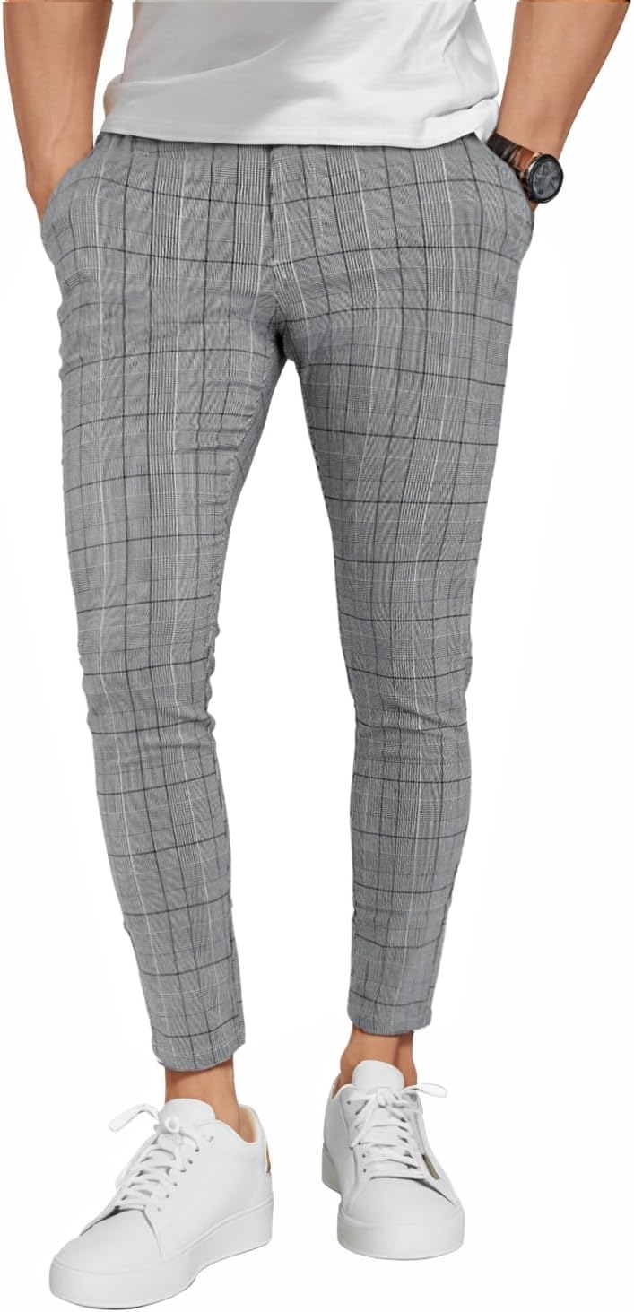 Mens Plaid Dress Pants Stretch Chino Pants Men Slim Fit