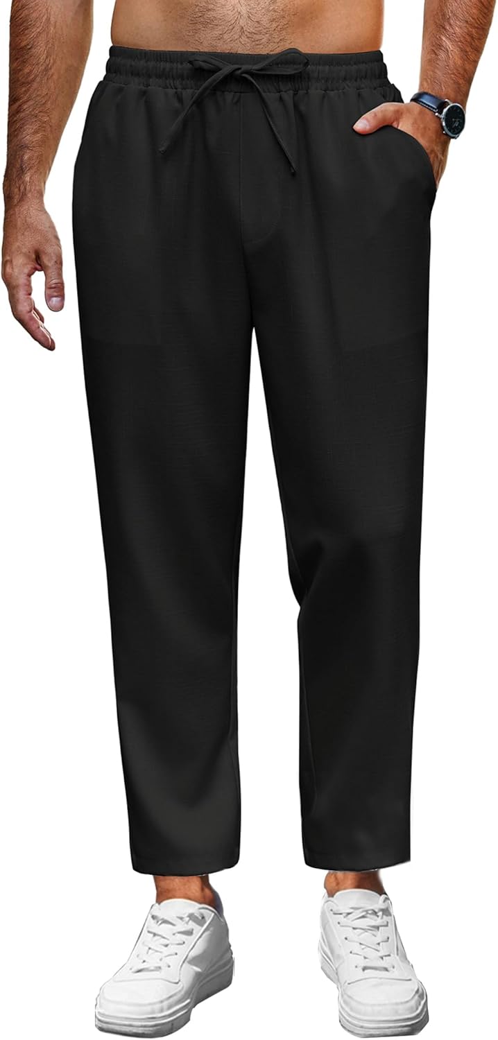 Mens Linen Casual Pants Lightweight Drawstring Beach Pants Elastic Waist Cropped Pants
