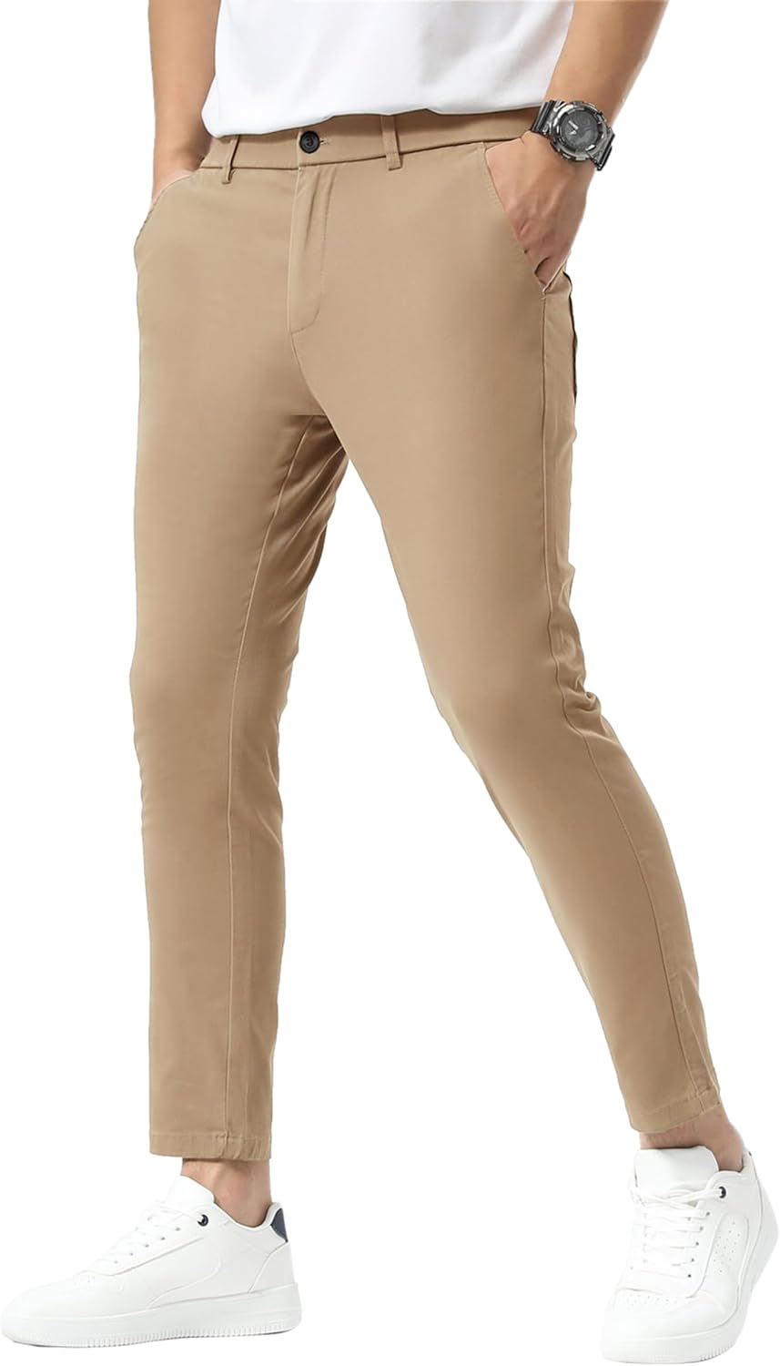 Plaid&Plain Men's Slim Fit Khaki Pants Stretch Cropped Chino Skinny Pants