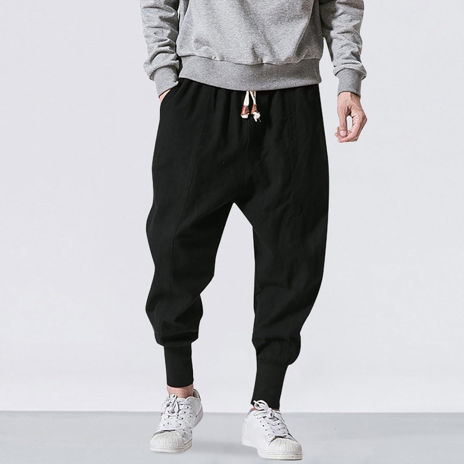 Men's Baggy Harem Pants Loose fit Elastic Waist Drawstring Casual Linen Hippie Dance Trousers with Pockets