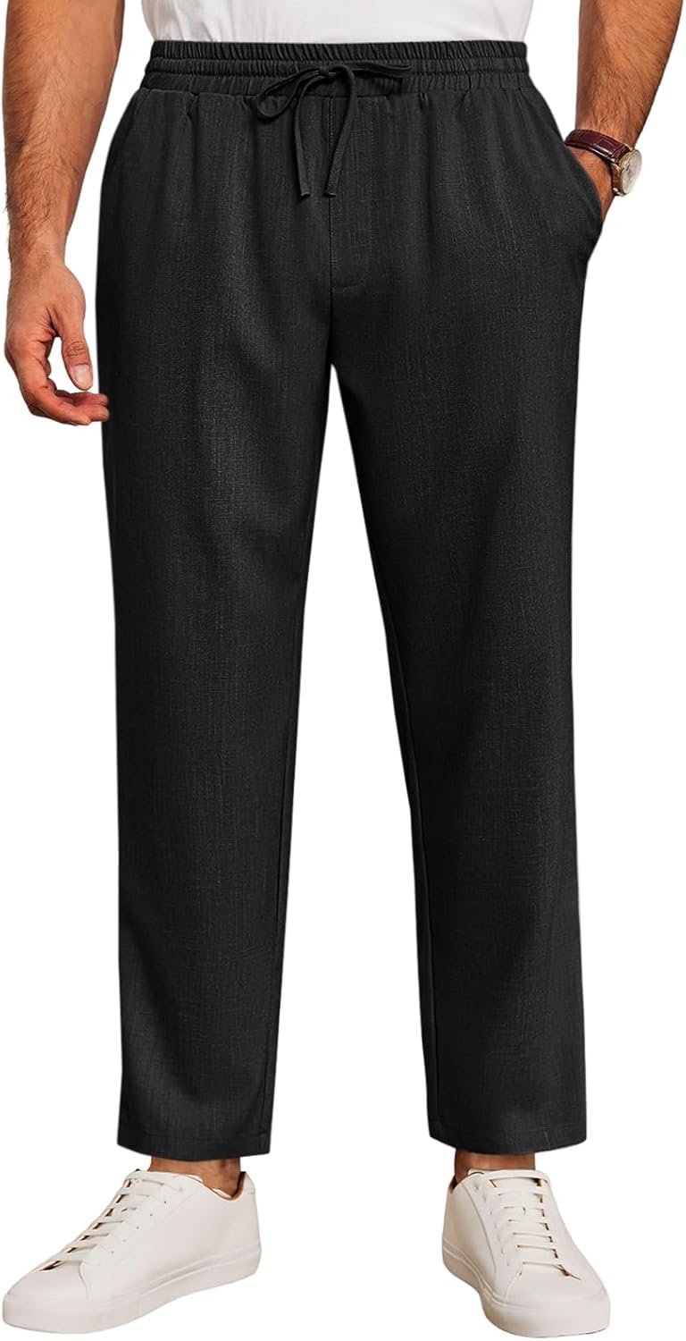 Mens Casual Pants Drawstring Elastic Waist Lightweight Cropped Linen Pants Summer Yoga Beach Trousers