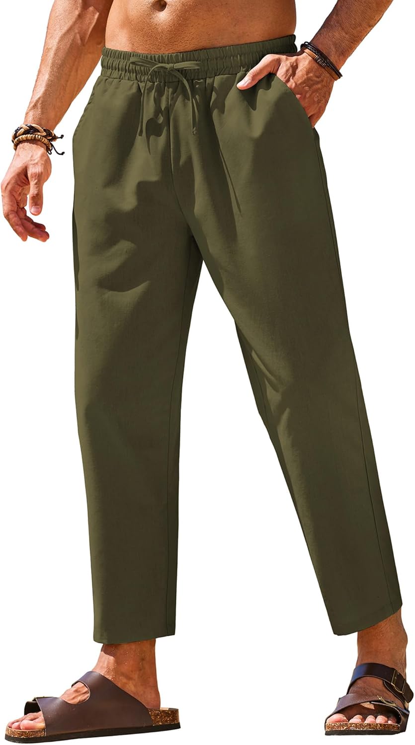 Mens Linen Casual Pants Elastic Waist Drawstring Trousers Yoga Beach Summer Pants