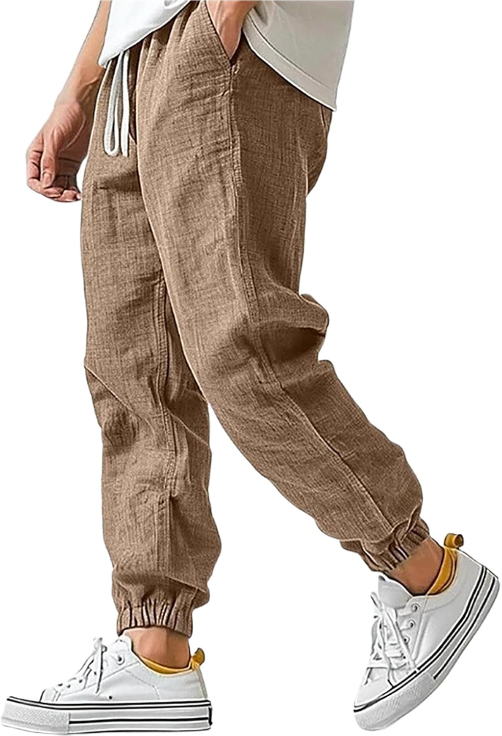 Cotton Linen Pants for Men Elastic Waist and Ankle Drawstring Baggy Style Lightweight Breathable Beach Pants
