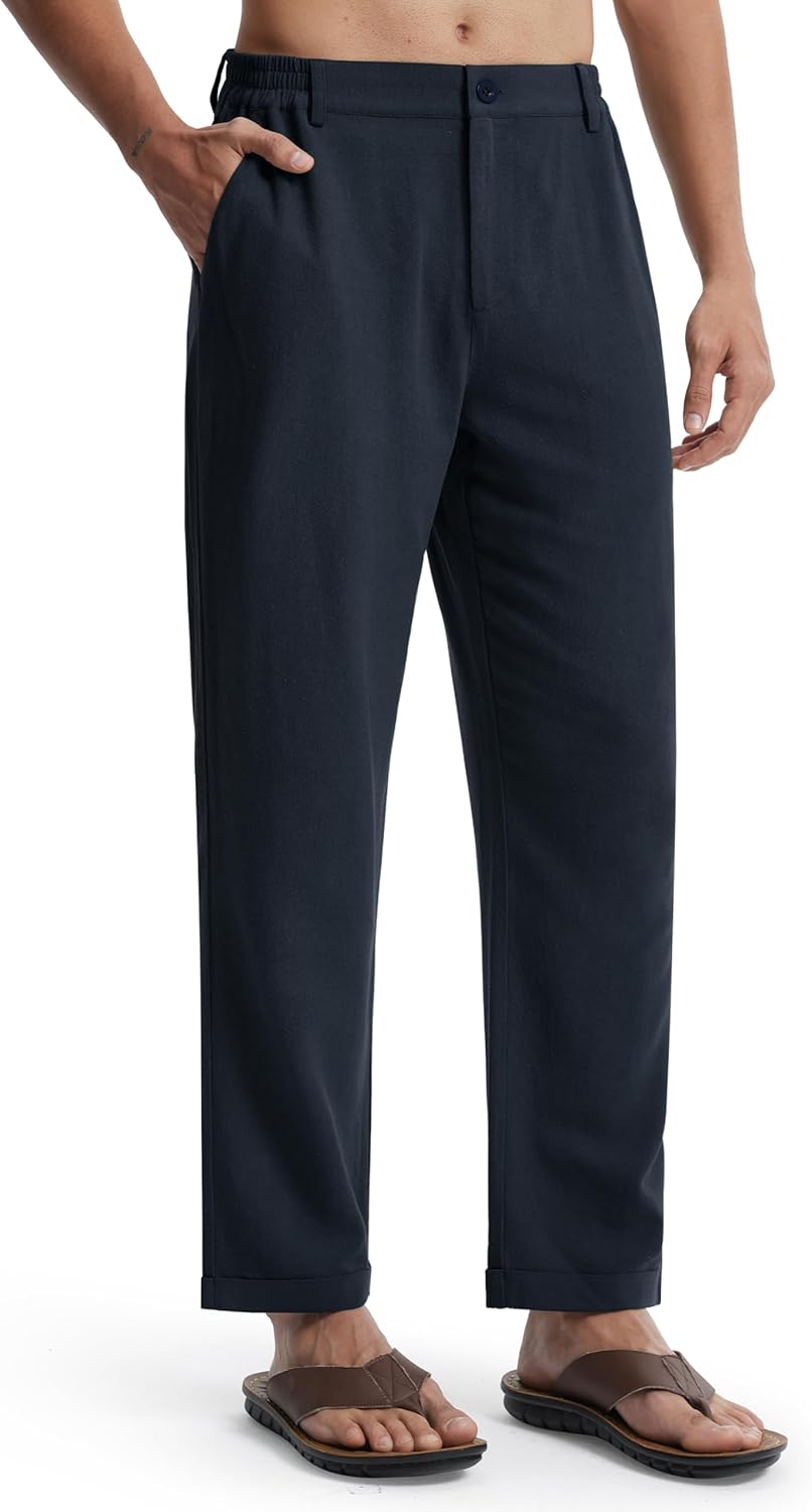 Men's Linen Pants Elastic Waist Lightweight Casual Pants Comfy Summer Beach Travel Lounge Trousers with Pockets