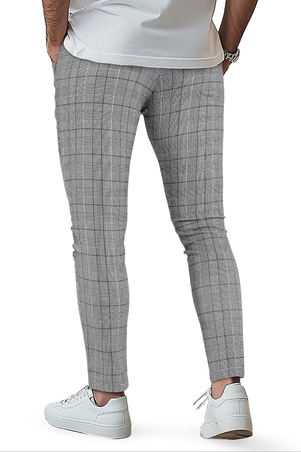 Mens Plaid Dress Pants Stretch Chino Pants Men Slim Fit