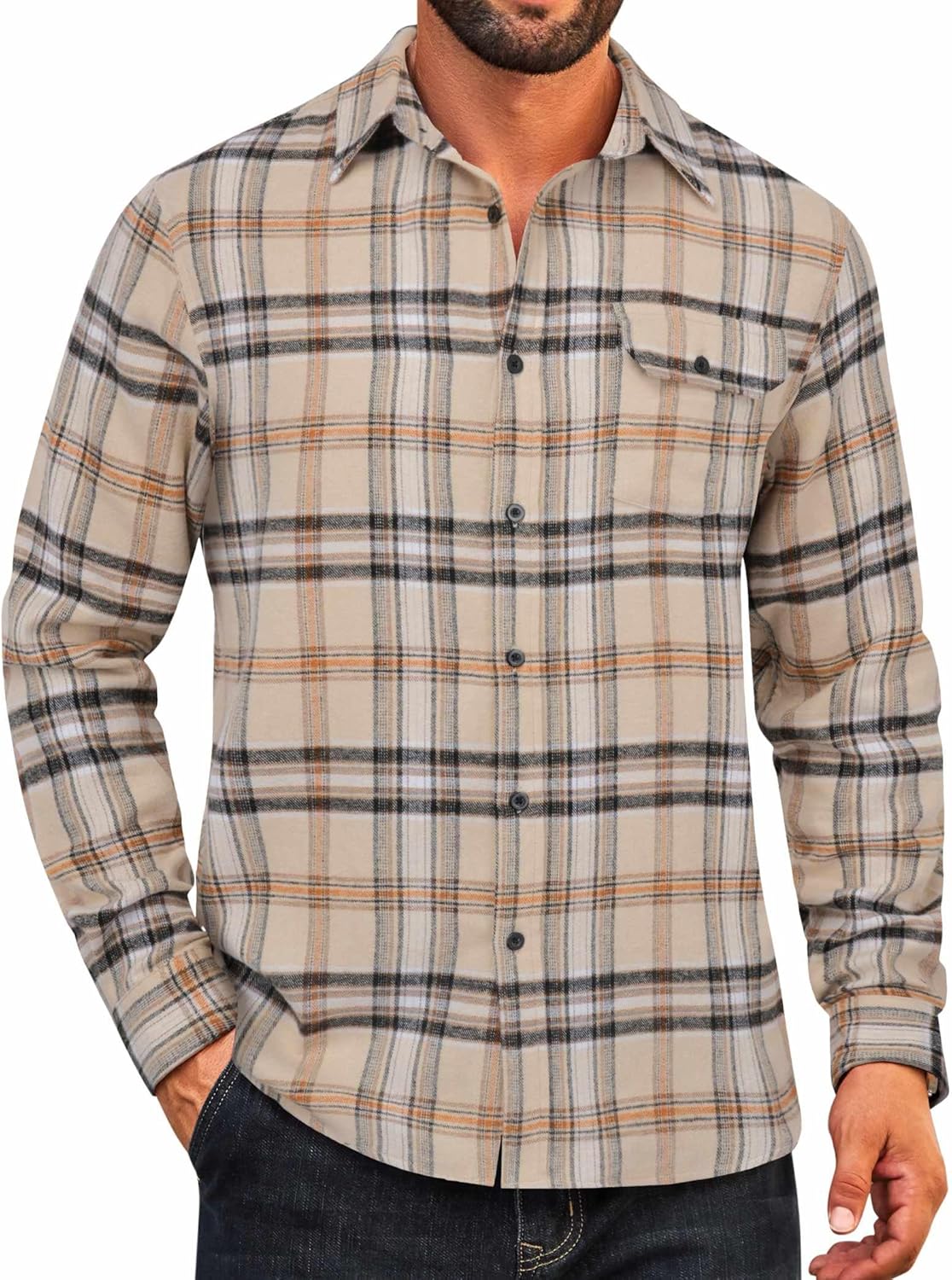 Mens Flannel Plaid Shirts Long Sleeve Casual Button Down Cotton Shirt with Pocket