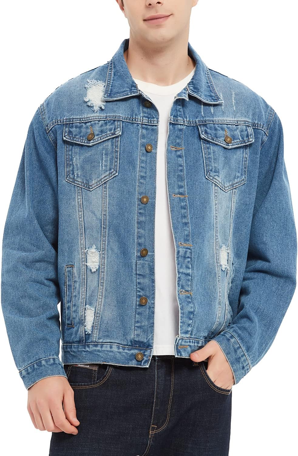 Men's Denim Trucker Jacket Distressed Ripped Motorcycle Slim Fit Blue Jean Jackets Coat