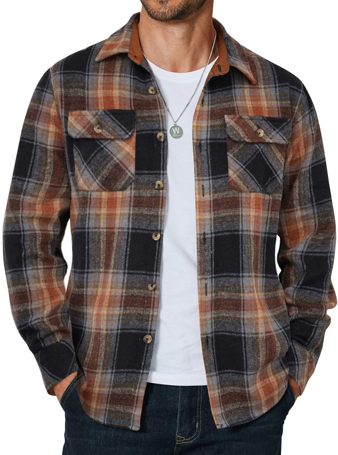 Men's Long Sleeve Flannel Shirts Fashion Plaid Jacket Casual Button Down Shirt with Pockets