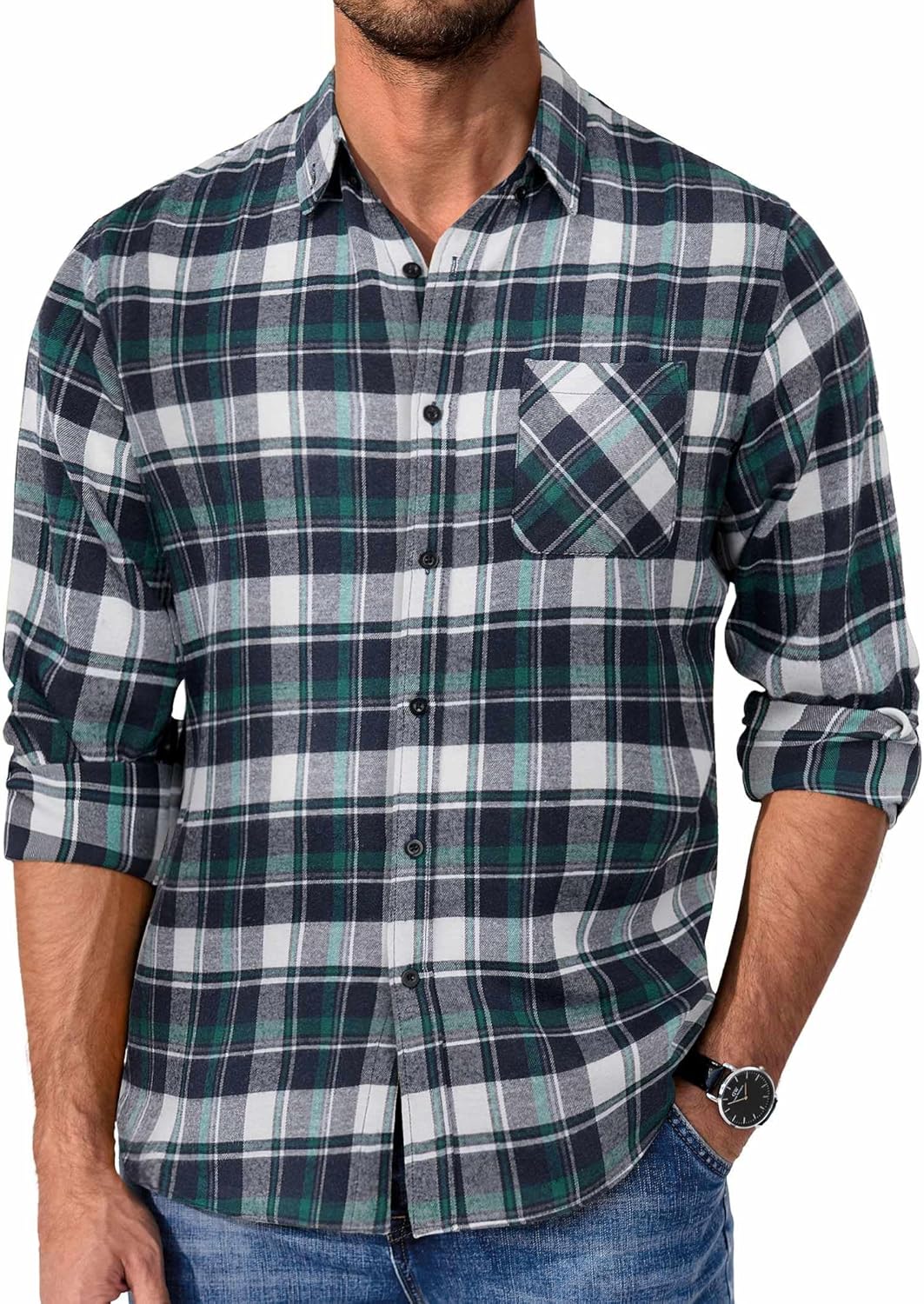 Mens Flannel Shirts Long Sleeve Plaid Button Down Shirt Casual Cotton Shirt with Pocket