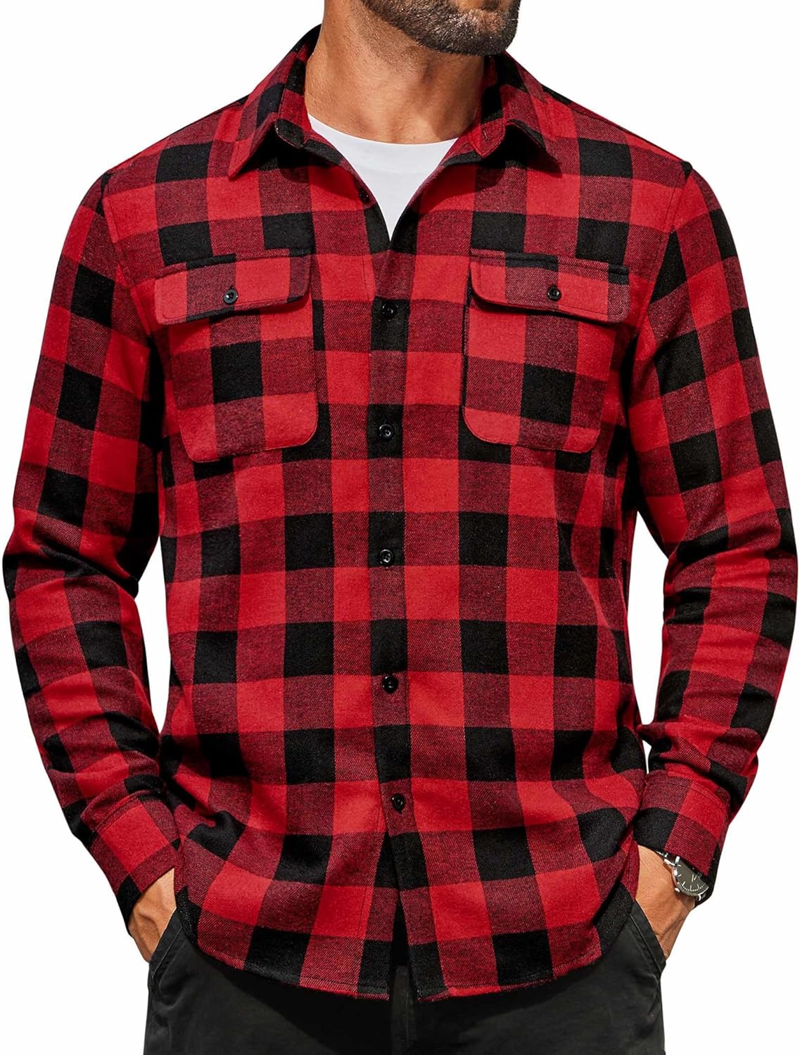 Mens Flannel Shirts Long Sleeve Plaid Button Down Shirt Cotton Casual Work Shirts with Pockets