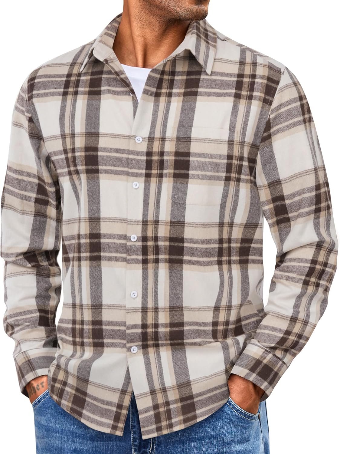 Mens Flannel Shirts Long Sleeve Lightweight Plaid Shirt Casual Button Down Shirts with Pocket