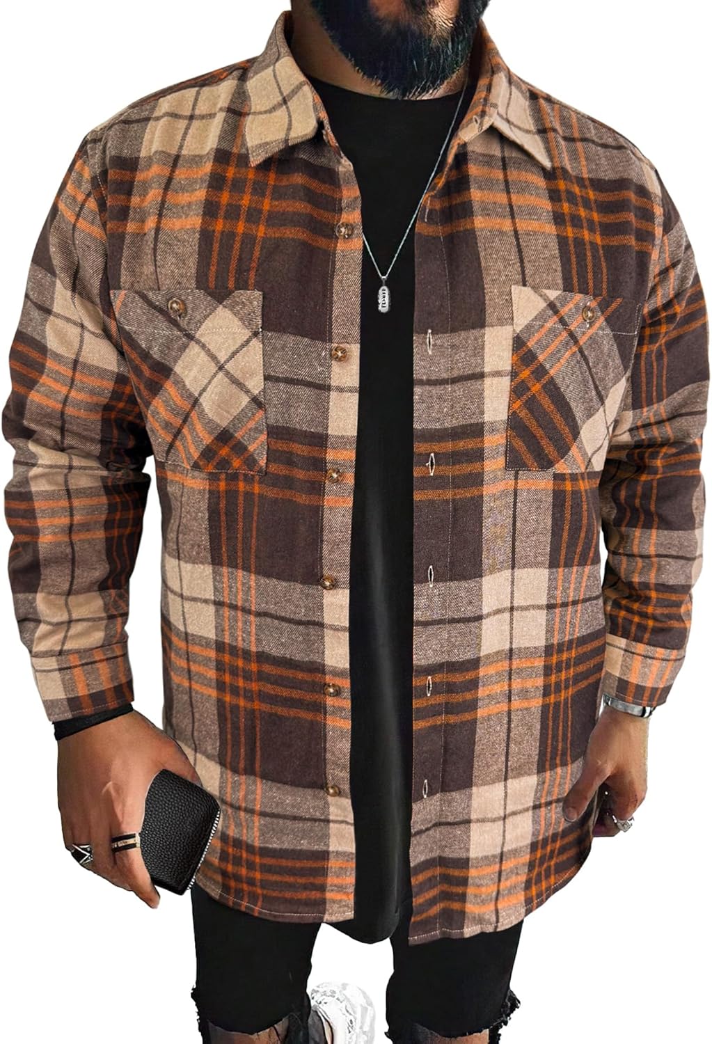 Mens Flannel Shirts Long Sleeve Regular Fit Lightweight Plaid Button Down Casual Shirt with Pockets