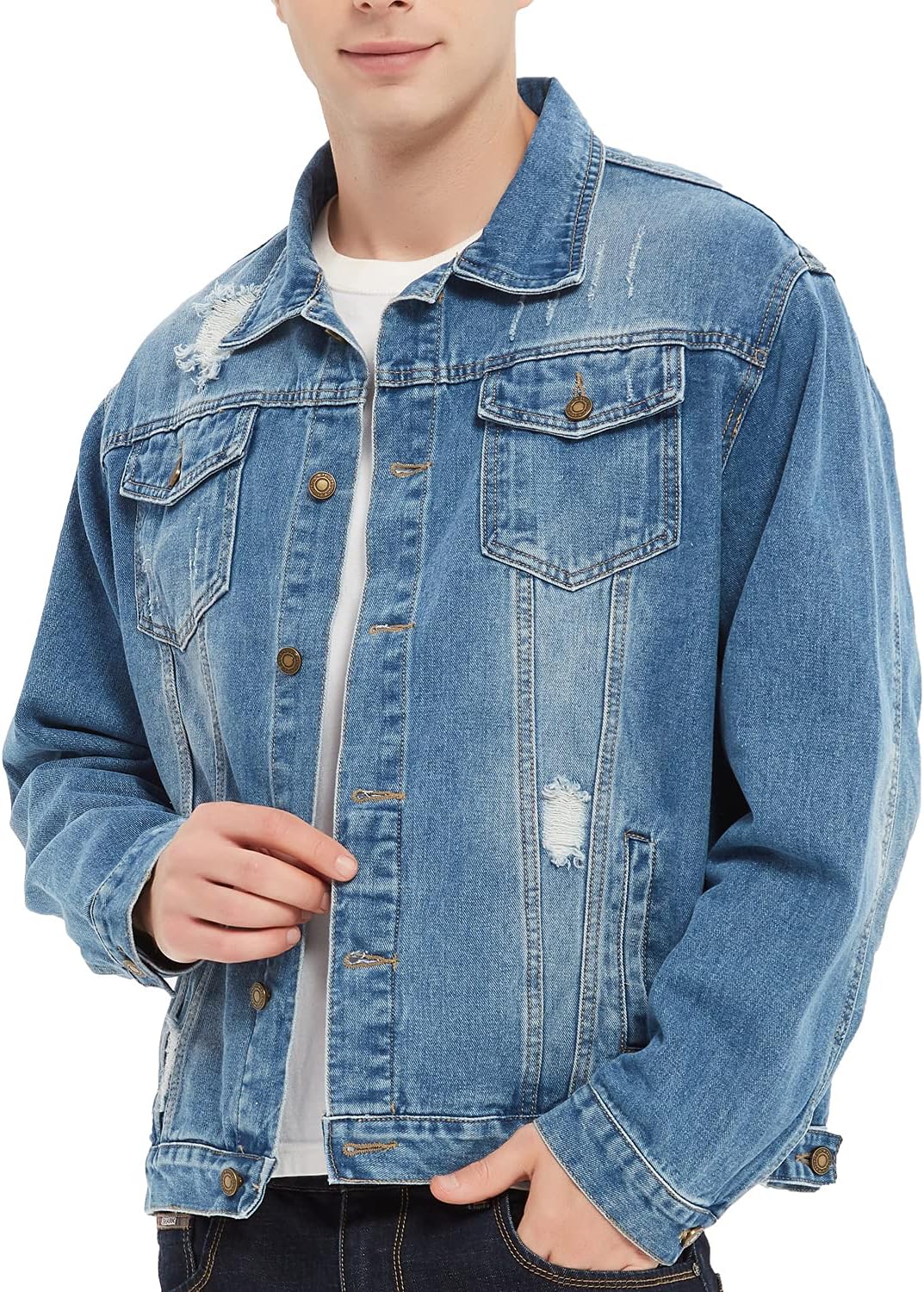 Men's Denim Trucker Jacket Distressed Ripped Motorcycle Slim Fit Blue Jean Jackets Coat