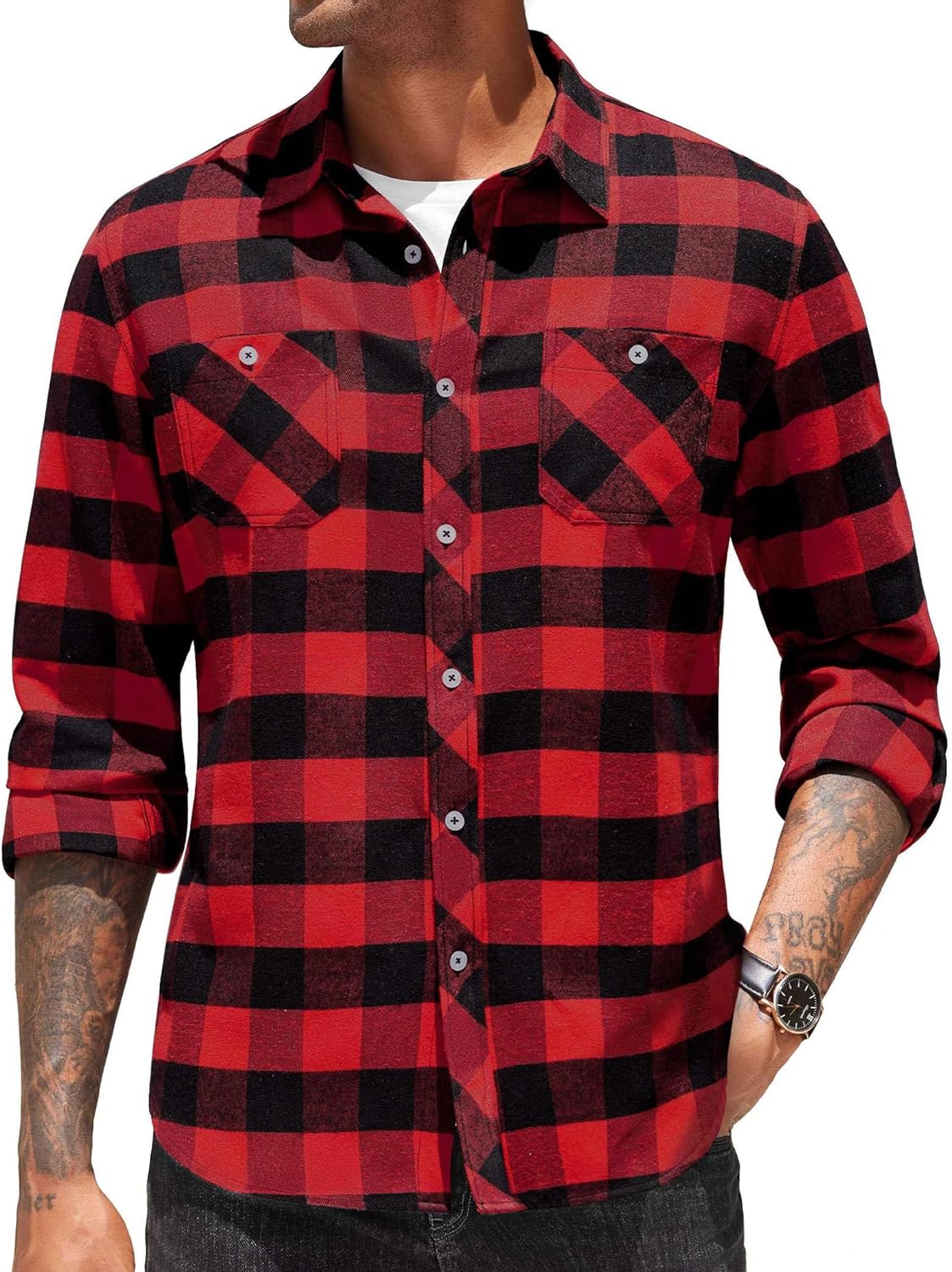 Men's Flannel Plaid Shirts Long Sleeve Casual Button Down Shirt with Pockets