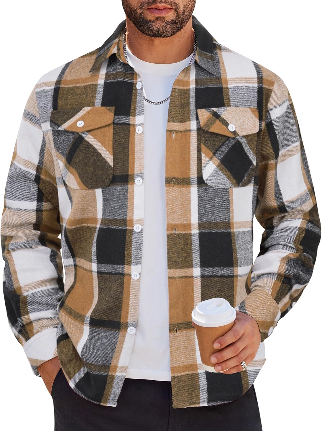 Men Flannel Shirt Casual Button Down Shirt Jacket Long Sleeve Plaid Shirts with Pockets