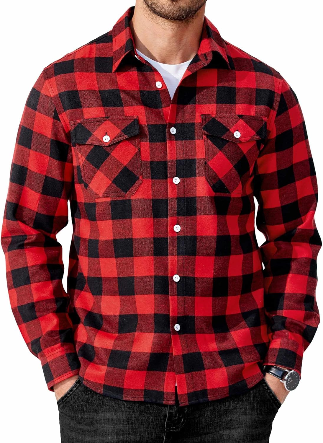 Mens Flannel Shirts Long Sleeve Casual Plaid Button Down Shirt Cotton Shirt Cowboy Work Shirts with Pockets