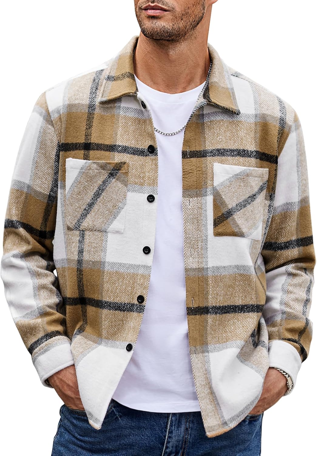 Men's Flannel Shirts Casual Button Down Plaid Shirt Jacket Long Sleeve Fleece Shacket with Pockets