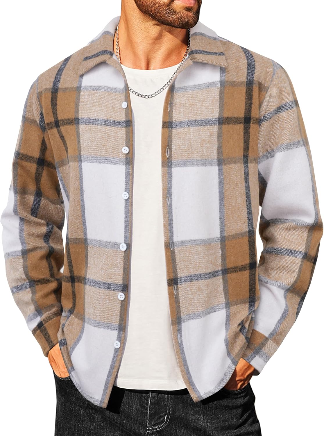 Men's Flannel Shirts Casual Button Down Plaid Shirt Jacket Long Sleeve Fleece Shacket