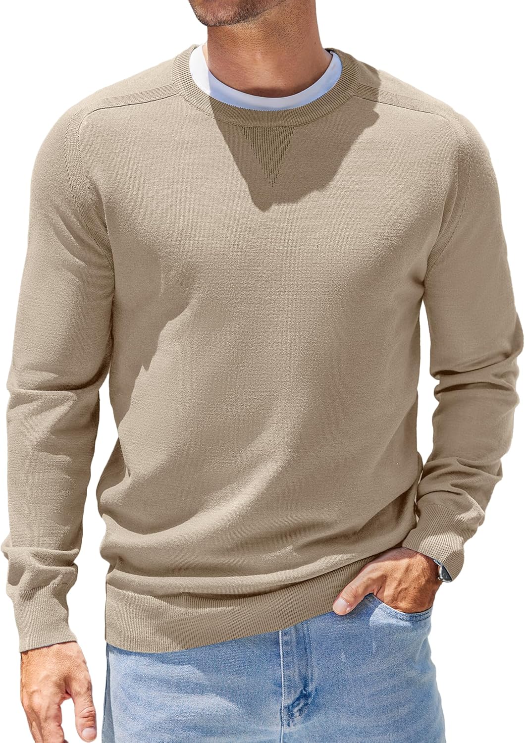Mens Sweater Crewneck Pullover Long Sleeve Lightweight Sweater Plain Knit Silm Fit